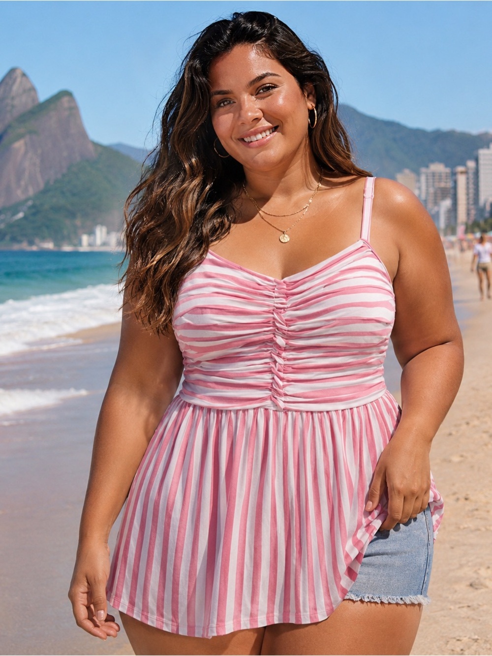 Torrid Pink and White Striped Ruched Tankini Top 3X